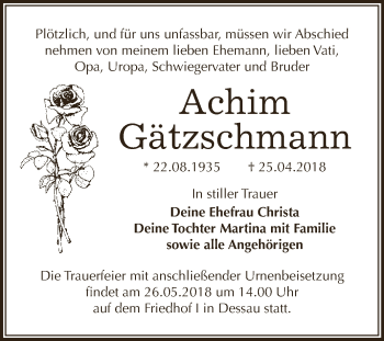 Traueranzeige von Achim Gätzschmann von WVG - Wochenspiegel Dessau / Köthen