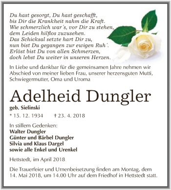 Traueranzeige von Adelheid Dungler von Super Sonntag SGH Mansf. Land