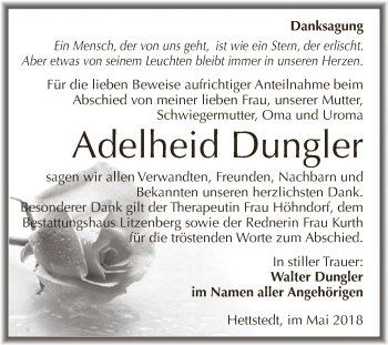 Traueranzeige von Adelheid Dungler von Super Sonntag SGH Mansf. Land