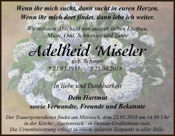 Traueranzeige von Adelheid Miseler von WVG - Wochenspiegel Dessau / Köthen