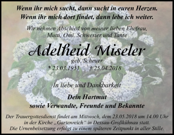 Traueranzeige von Adelheid Miseler von Mitteldeutsche Zeitung Dessau-Roßlau