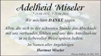 Traueranzeige von Adelheid Miseler von Mitteldeutsche Zeitung Dessau-Roßlau