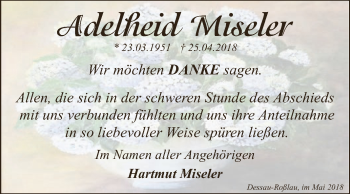 Traueranzeige von Adelheid Miseler von WVG - Wochenspiegel Dessau / Köthen