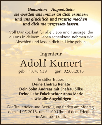 Traueranzeige von Adolf Kunert von WVG - Wochenspiegel Dessau / Köthen