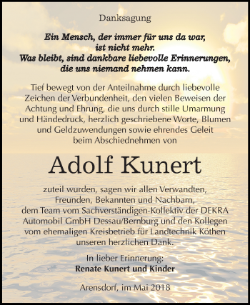 Traueranzeige von Adolf Kunert von Mitteldeutsche Zeitung Köthen