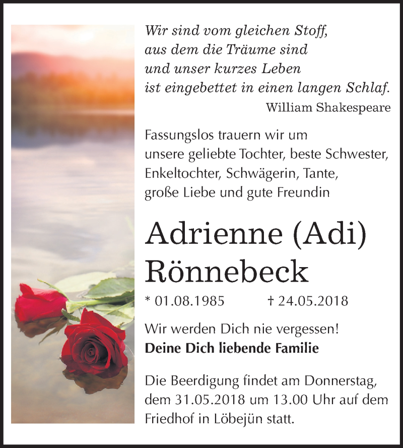  Traueranzeige für Adrienne Rönnebeck vom 26.05.2018 aus Mitteldeutsche Zeitung Halle/Saalkreis