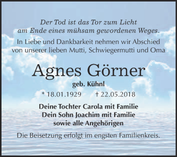 Traueranzeige von Agnes Görner von WVG - Wochenspiegel Bitterfeld