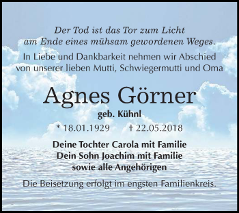 Traueranzeige von Agnes Görner von Mitteldeutsche Zeitung Bitterfeld