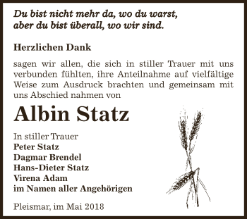 Traueranzeige von Albin Statz von WVG - Wochenspiegel NMB / WSF / ZTZ
