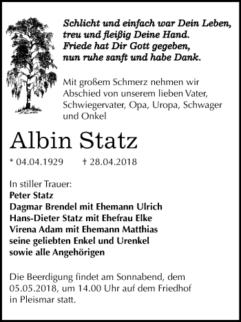 Traueranzeige von Albin Statz von Mitteldeutsche Zeitung