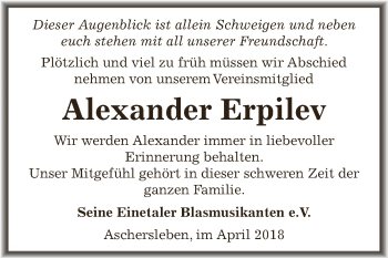 Traueranzeige von Alexander Erpilev von Super Sonntag Aschersleben