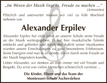 Traueranzeige von Alexander Erpilev von Super Sonntag Aschersleben