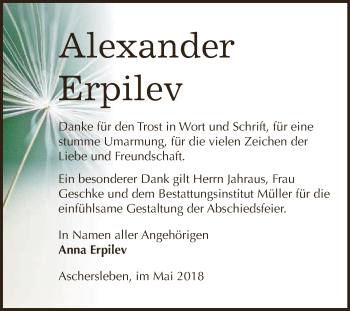 Traueranzeige von Alexander Erpilev von Super Sonntag Aschersleben
