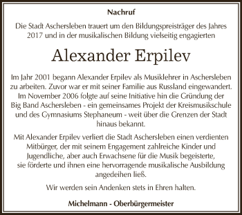 Traueranzeige von Alexander Erpilev von Super Sonntag Aschersleben