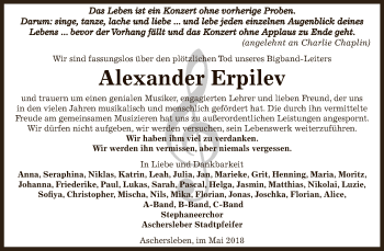 Traueranzeige von Alexander Erpilev von Super Sonntag Aschersleben