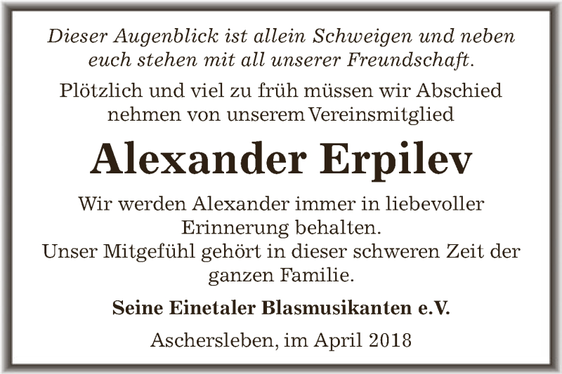  Traueranzeige für Alexander Erpilev vom 05.05.2018 aus Super Sonntag Aschersleben