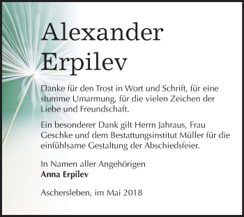 Traueranzeige von Alexander Erpilev von Mitteldeutsche Zeitung Aschersleben