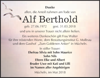 Traueranzeige von Alf Berthold von WVG - Wochenspiegel Merseburg