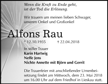 Traueranzeige von Alfons Rau von Mitteldeutsche Zeitung Halle/Saalkreis