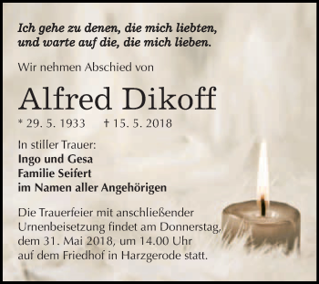 Traueranzeige von Alfred Dikoff von WVG - Wochenspiegel Quedlinburg