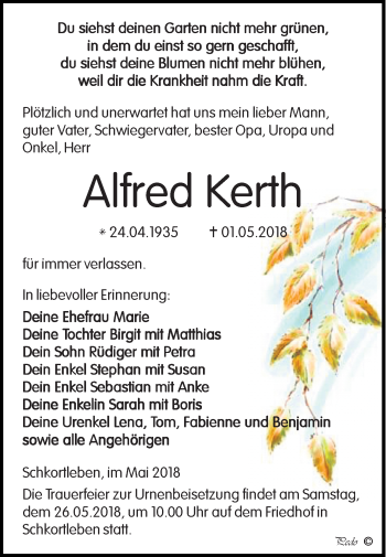 Traueranzeige von Alfred Kerth von Mitteldeutsche Zeitung Weißenfels