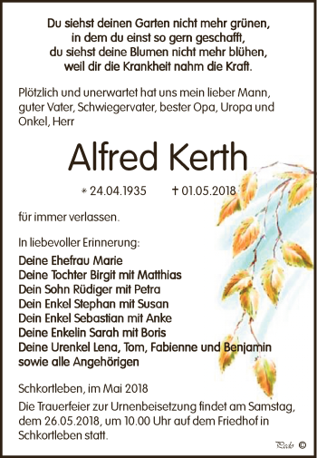Traueranzeige von Alfred Kerth von WVG - Wochenspiegel NMB / WSF / ZTZ