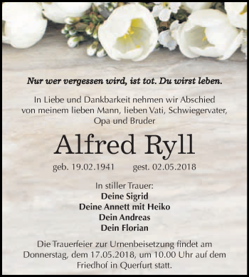 Traueranzeige von Alfred Ryll von WVG - Wochenspiegel Merseburg