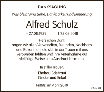 Traueranzeige von Alfred Schulz von WVG - Wochenspiegel NMB / WSF / ZTZ
