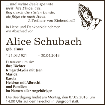 Traueranzeige von Alice Schubach von Super Sonntag SGH Mansf. Land