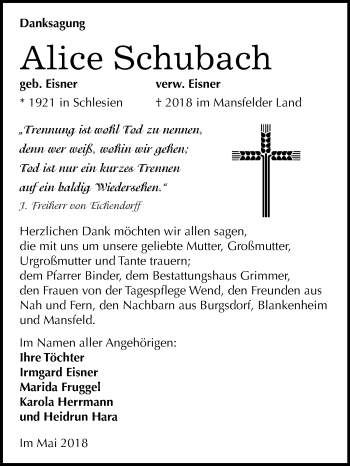 Traueranzeige von Alice Schubach von Mitteldeutsche Zeitung