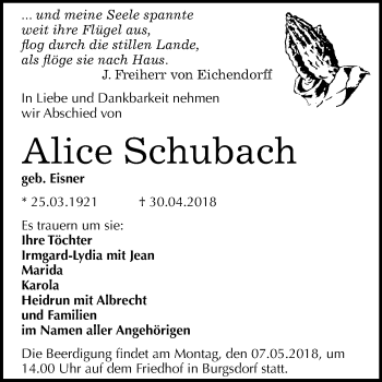 Traueranzeige von Alice Schubach von Mitteldeutsche Zeitung