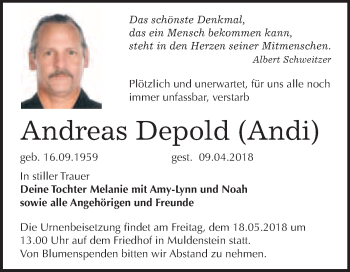 Traueranzeige von Andreas Depold von WVG - Wochenspiegel Bitterfeld