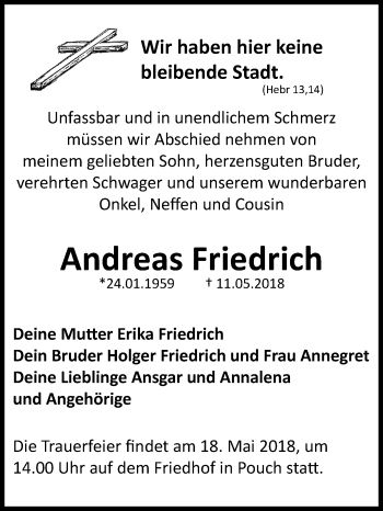 Traueranzeige von Andreas Friedrich von Mitteldeutsche Zeitung Bitterfeld