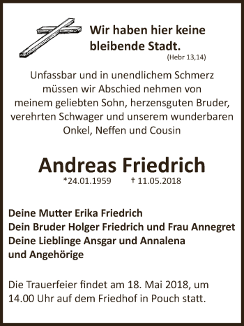 Traueranzeige von Andreas Friedrich von WVG - Wochenspiegel Dessau / Köthen