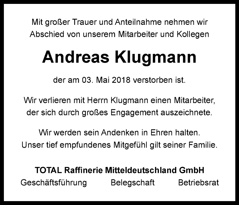  Traueranzeige für Andreas Klugmann vom 12.05.2018 aus Mitteldeutsche Zeitung