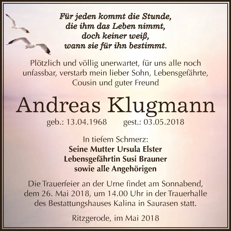  Traueranzeige für Andreas Klugmann vom 19.05.2018 aus Super Sonntag SGH Mansf. Land