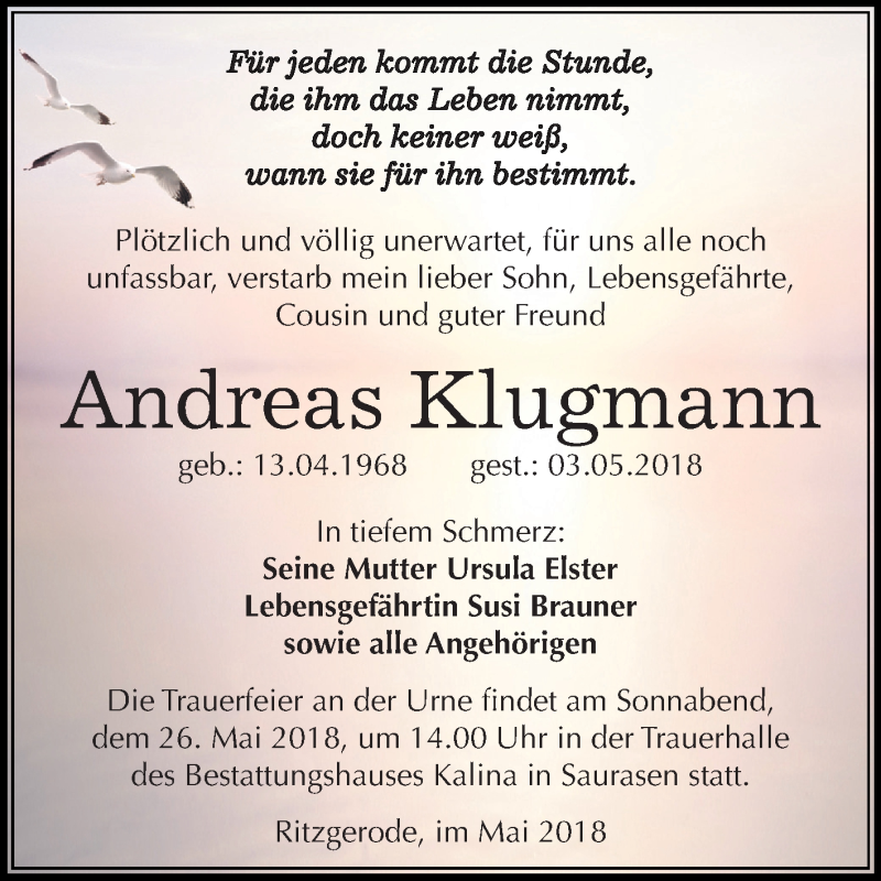  Traueranzeige für Andreas Klugmann vom 19.05.2018 aus Mitteldeutsche Zeitung