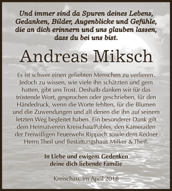 Traueranzeige von Andreas Miksch von WVG - Wochenspiegel NMB / WSF / ZTZ