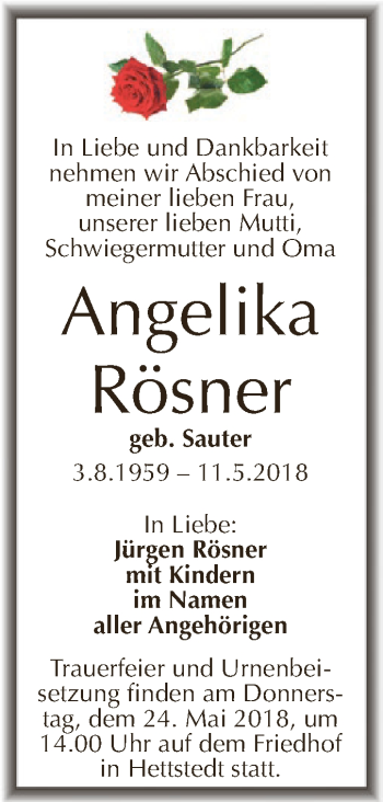 Traueranzeige von Angelika Rösner von Super Sonntag SGH Mansf. Land