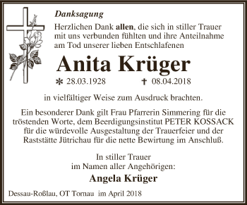 Traueranzeige von Anita Krüger von WVG - Wochenspiegel Dessau / Köthen