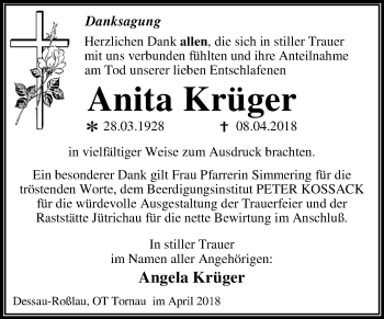 Traueranzeige von Anita Krüger von Mitteldeutsche Zeitung Dessau-Roßlau