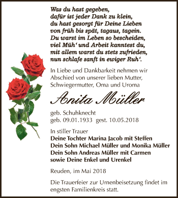 Traueranzeige von Anita Müller von Super Sonntag Zeitz