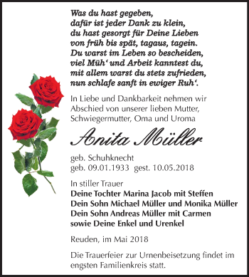 Traueranzeige von Anita Müller von Mitteldeutsche Zeitung Zeitz