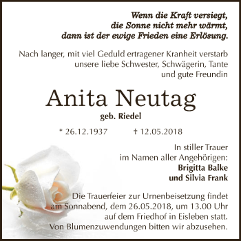 Traueranzeige von Anita Neutag von Wochenspiegel Mansfelder Land