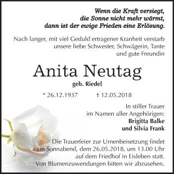 Traueranzeige von Anita Neutag von Mitteldeutsche Zeitung