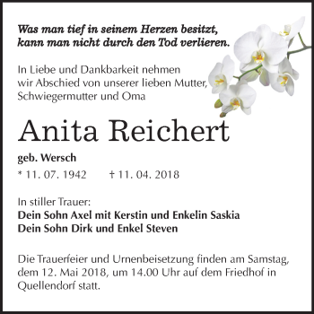 Traueranzeige von Anita Reichert von Mitteldeutsche Zeitung Köthen