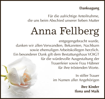 Traueranzeige von Anna Fellberg von Wochenspiegel Mansfelder Land