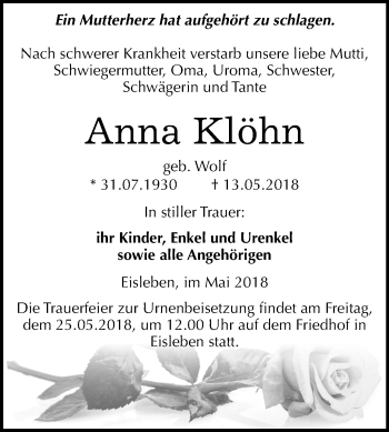 Traueranzeige von Anna Klöhn von Mitteldeutsche Zeitung