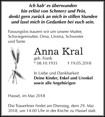 Traueranzeige von Anna Kral von Mitteldeutsche Zeitung Zeitz