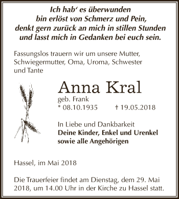 Traueranzeige von Anna Kral von Super Sonntag Zeitz